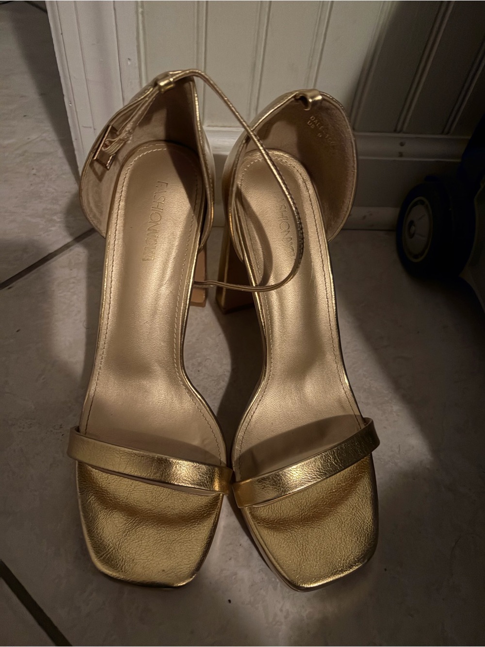 Metallic Gold Ankle-Strap Block Heels